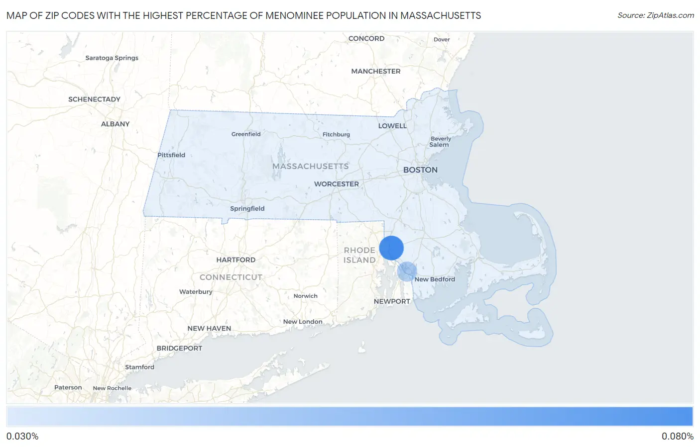 Zip Codes with the Highest Percentage of Menominee Population in Massachusetts Map