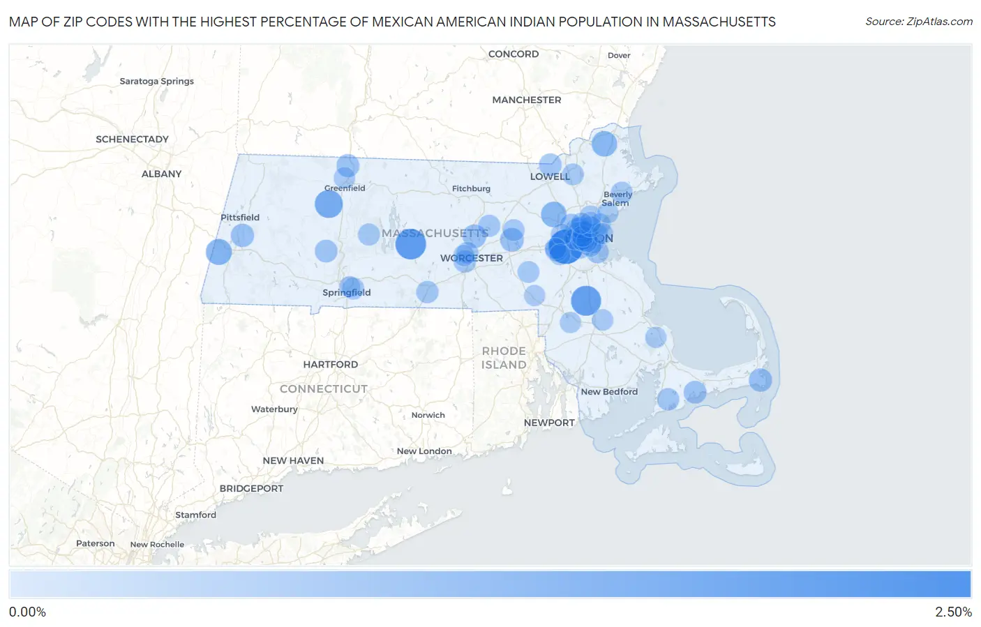 Zip Codes with the Highest Percentage of Mexican American Indian Population in Massachusetts Map
