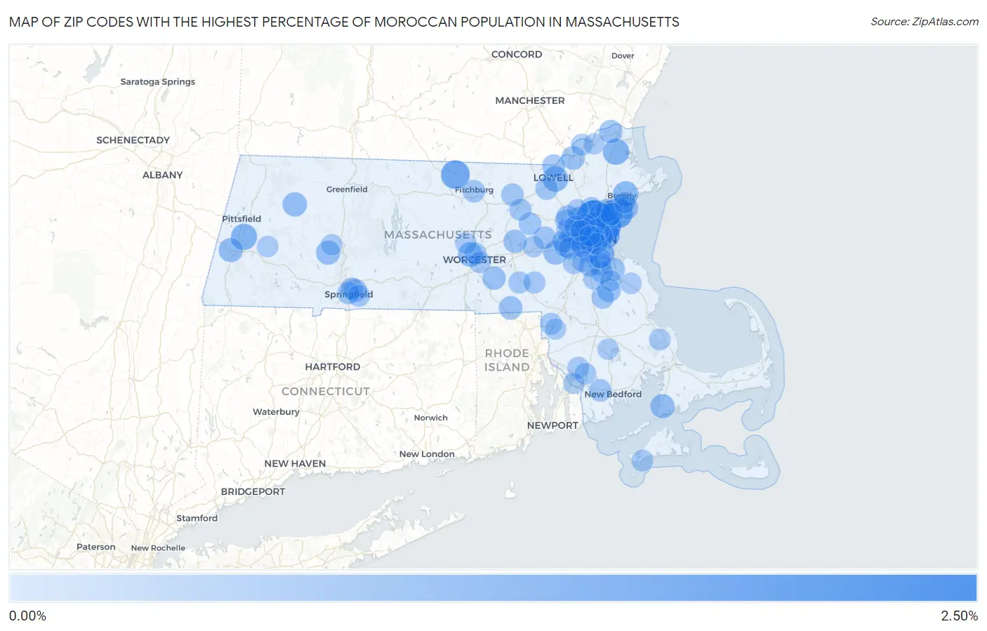 Zip Codes with the Highest Percentage of Moroccan Population in Massachusetts Map
