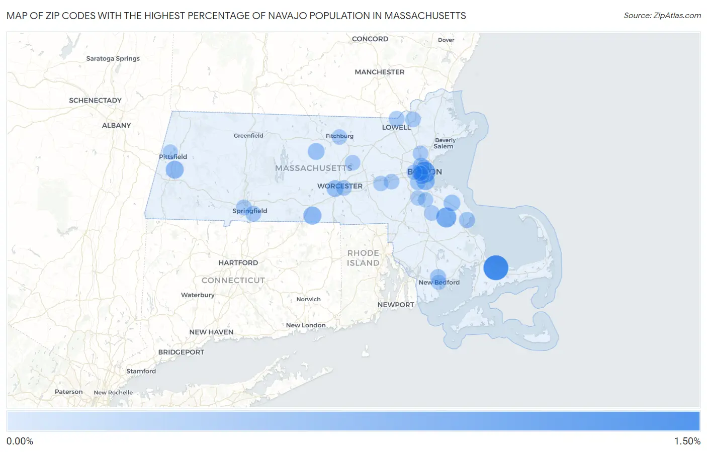 Zip Codes with the Highest Percentage of Navajo Population in Massachusetts Map