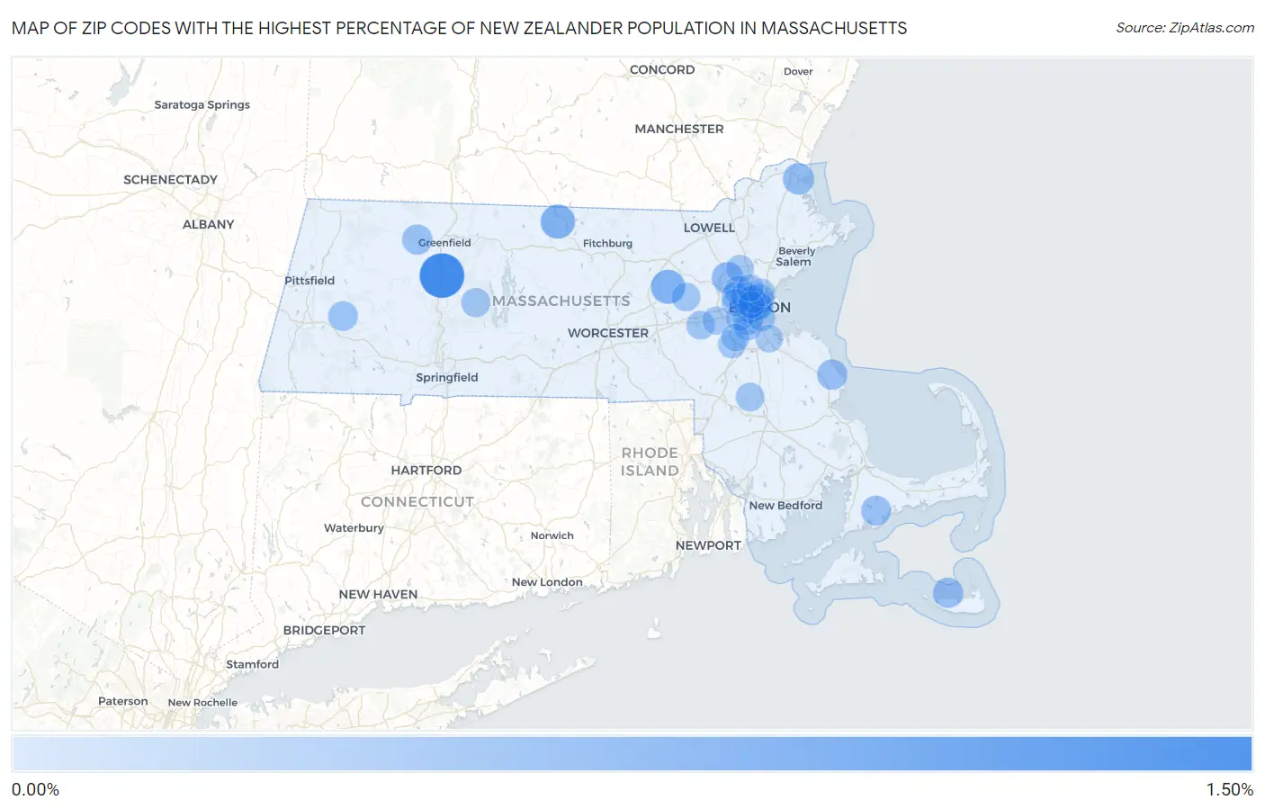 Zip Codes with the Highest Percentage of New Zealander Population in Massachusetts Map