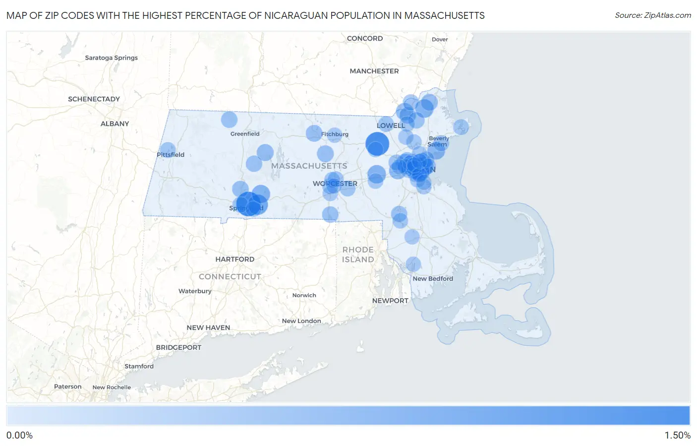 Zip Codes with the Highest Percentage of Nicaraguan Population in Massachusetts Map