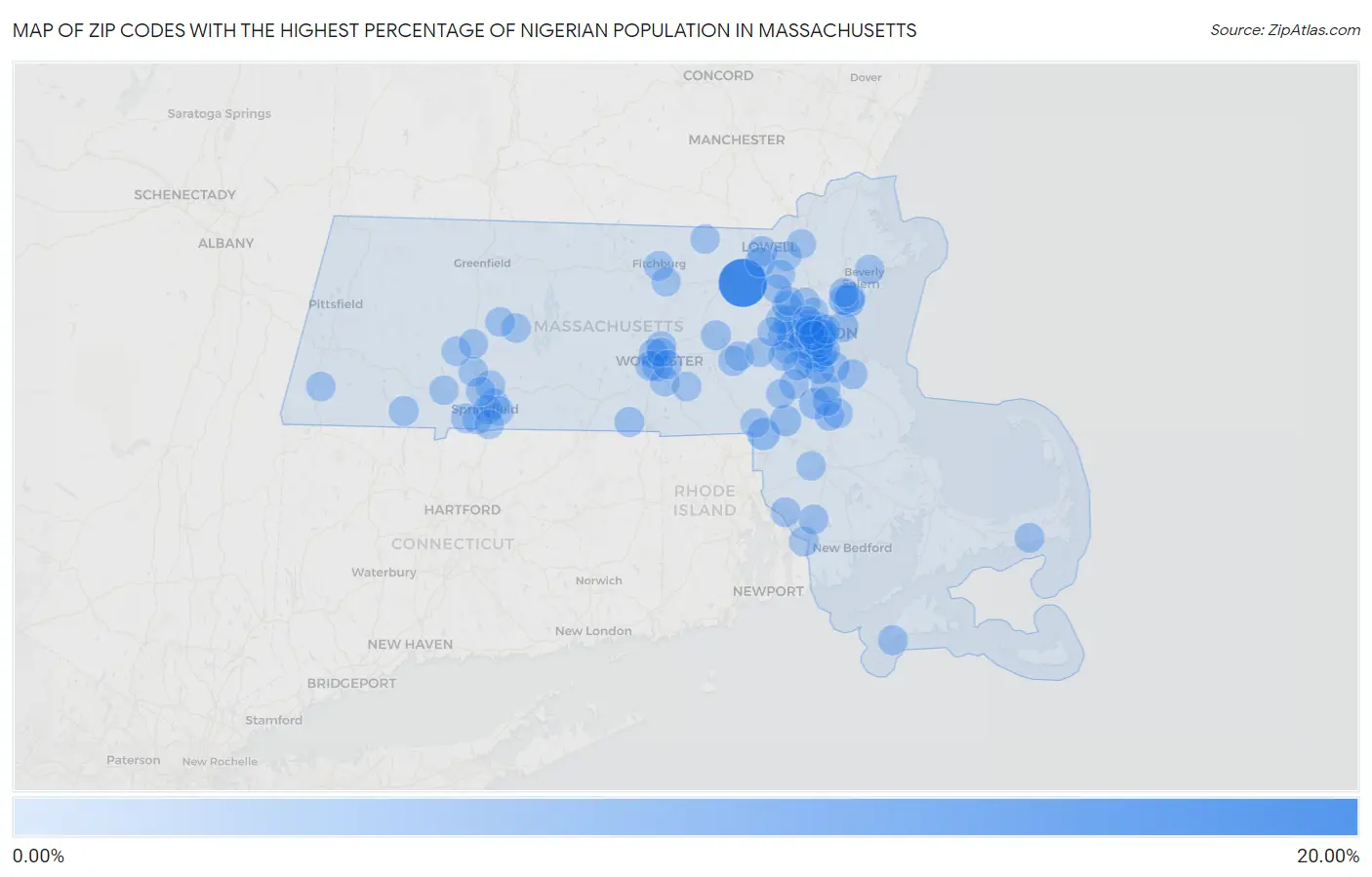 Zip Codes with the Highest Percentage of Nigerian Population in Massachusetts Map