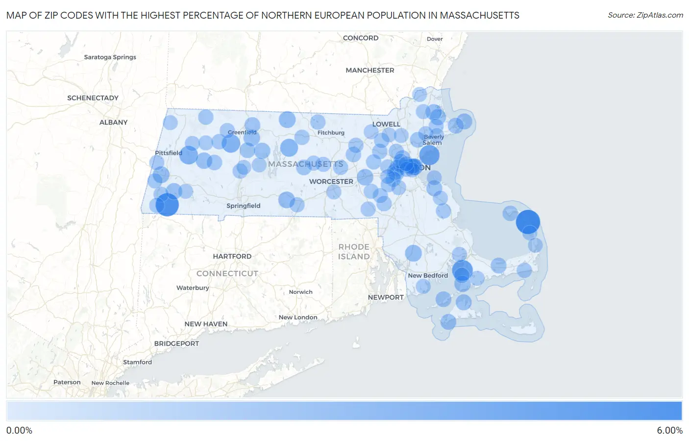Zip Codes with the Highest Percentage of Northern European Population in Massachusetts Map