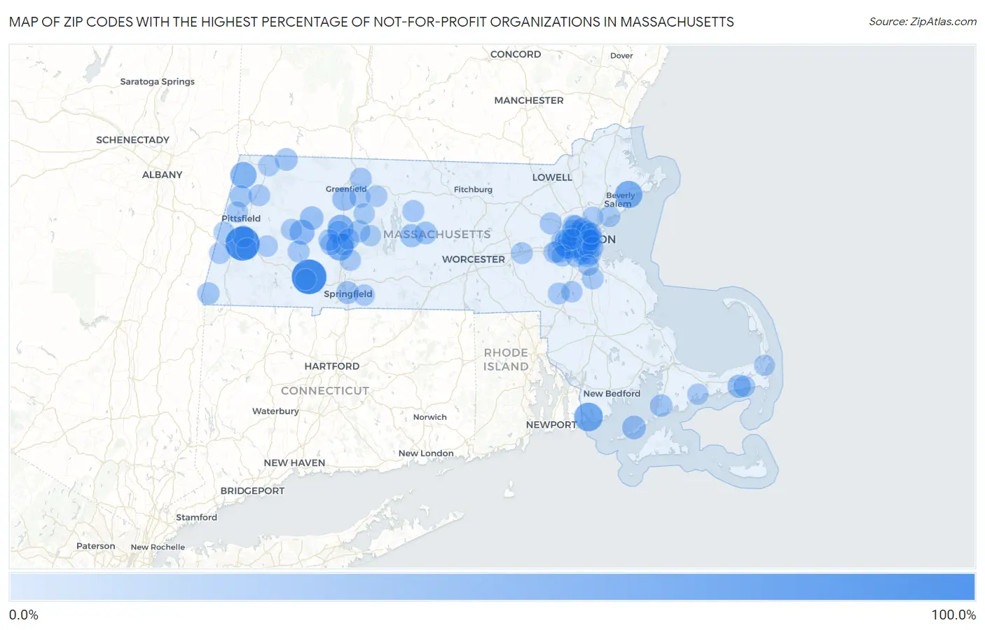 Zip Codes with the Highest Percentage of Not-for-profit Organizations in Massachusetts Map