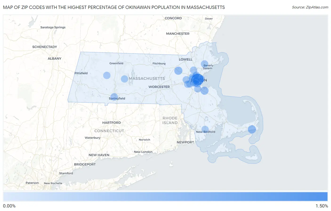 Zip Codes with the Highest Percentage of Okinawan Population in Massachusetts Map
