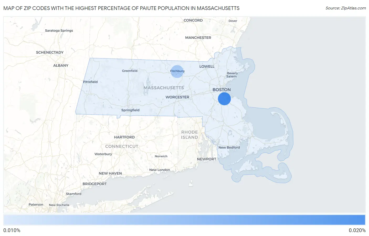 Zip Codes with the Highest Percentage of Paiute Population in Massachusetts Map