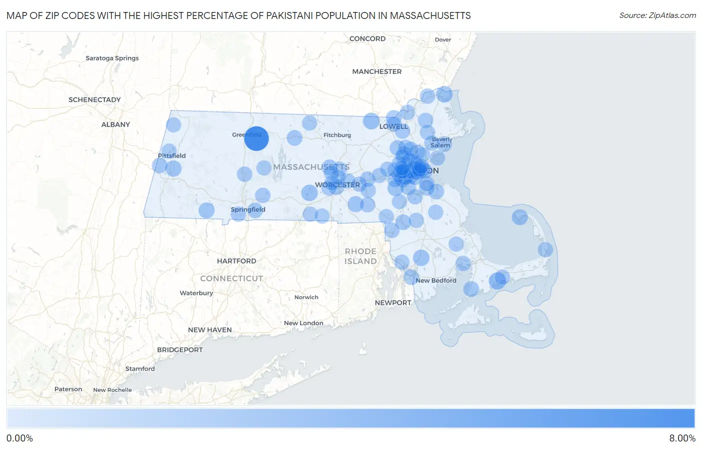 Zip Codes with the Highest Percentage of Pakistani Population in Massachusetts Map