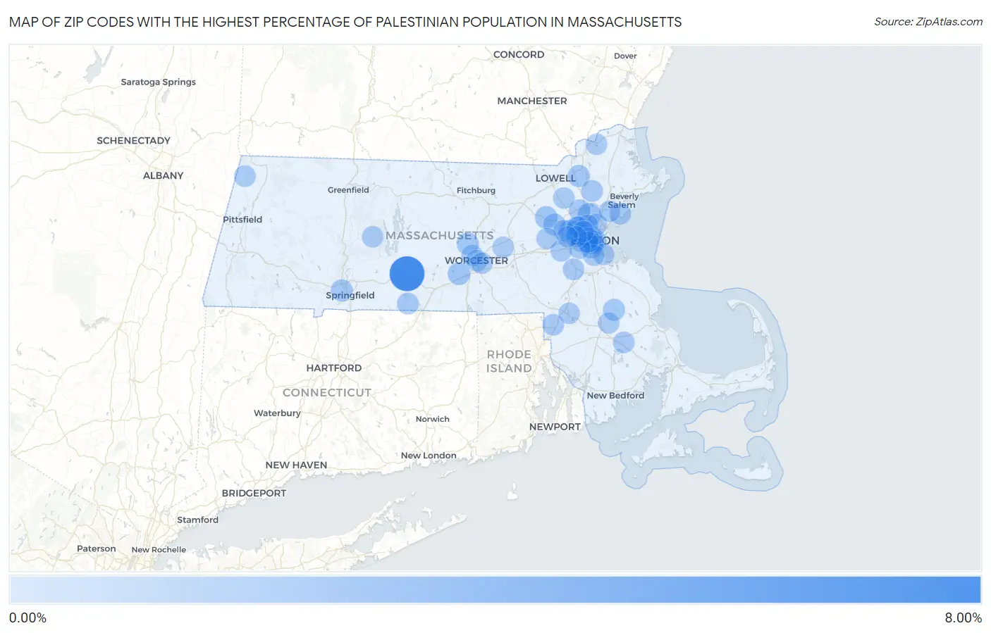 Zip Codes with the Highest Percentage of Palestinian Population in Massachusetts Map