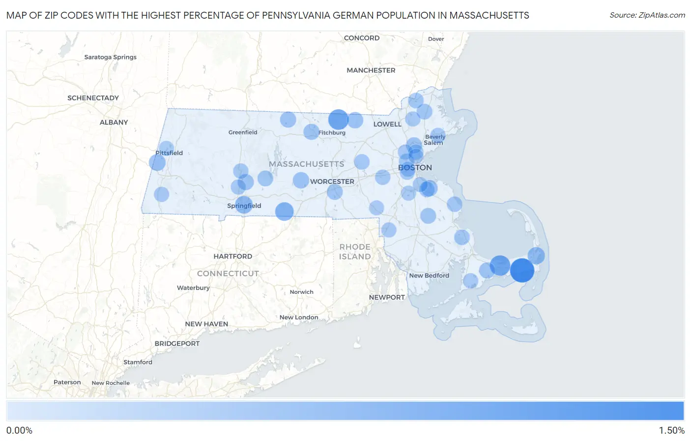 Zip Codes with the Highest Percentage of Pennsylvania German Population in Massachusetts Map
