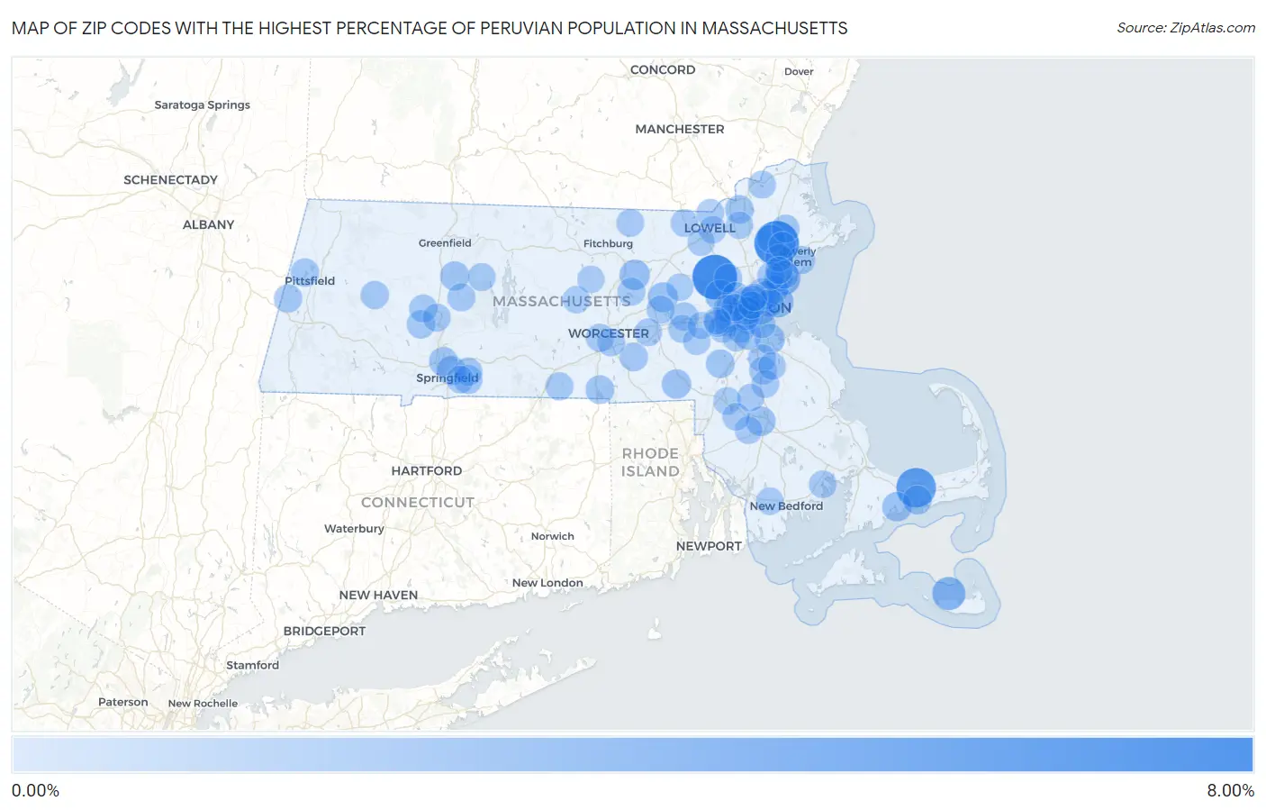 Zip Codes with the Highest Percentage of Peruvian Population in Massachusetts Map