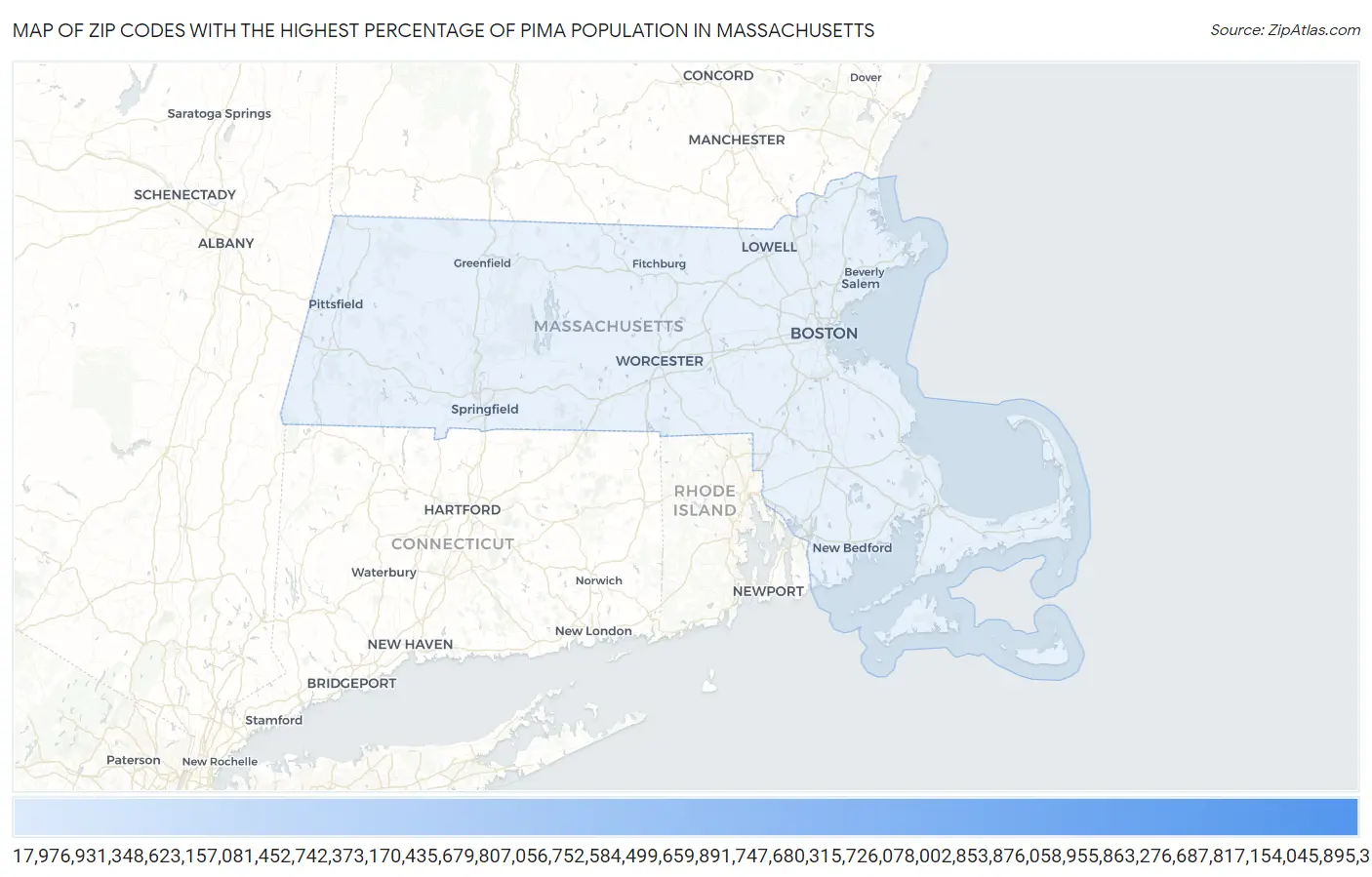 Zip Codes with the Highest Percentage of Pima Population in Massachusetts Map