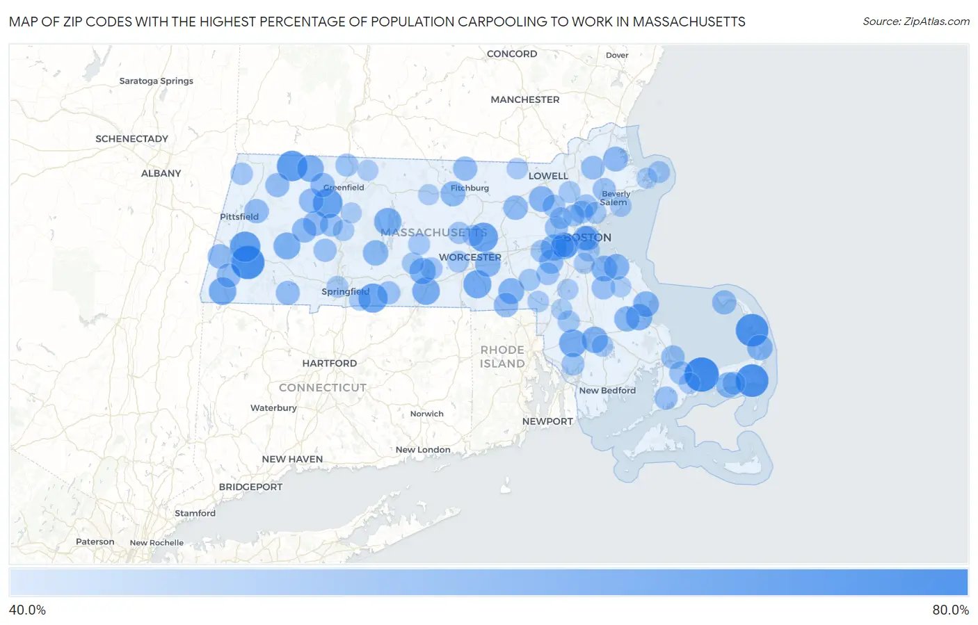 Zip Codes with the Highest Percentage of Population Carpooling to Work in Massachusetts Map
