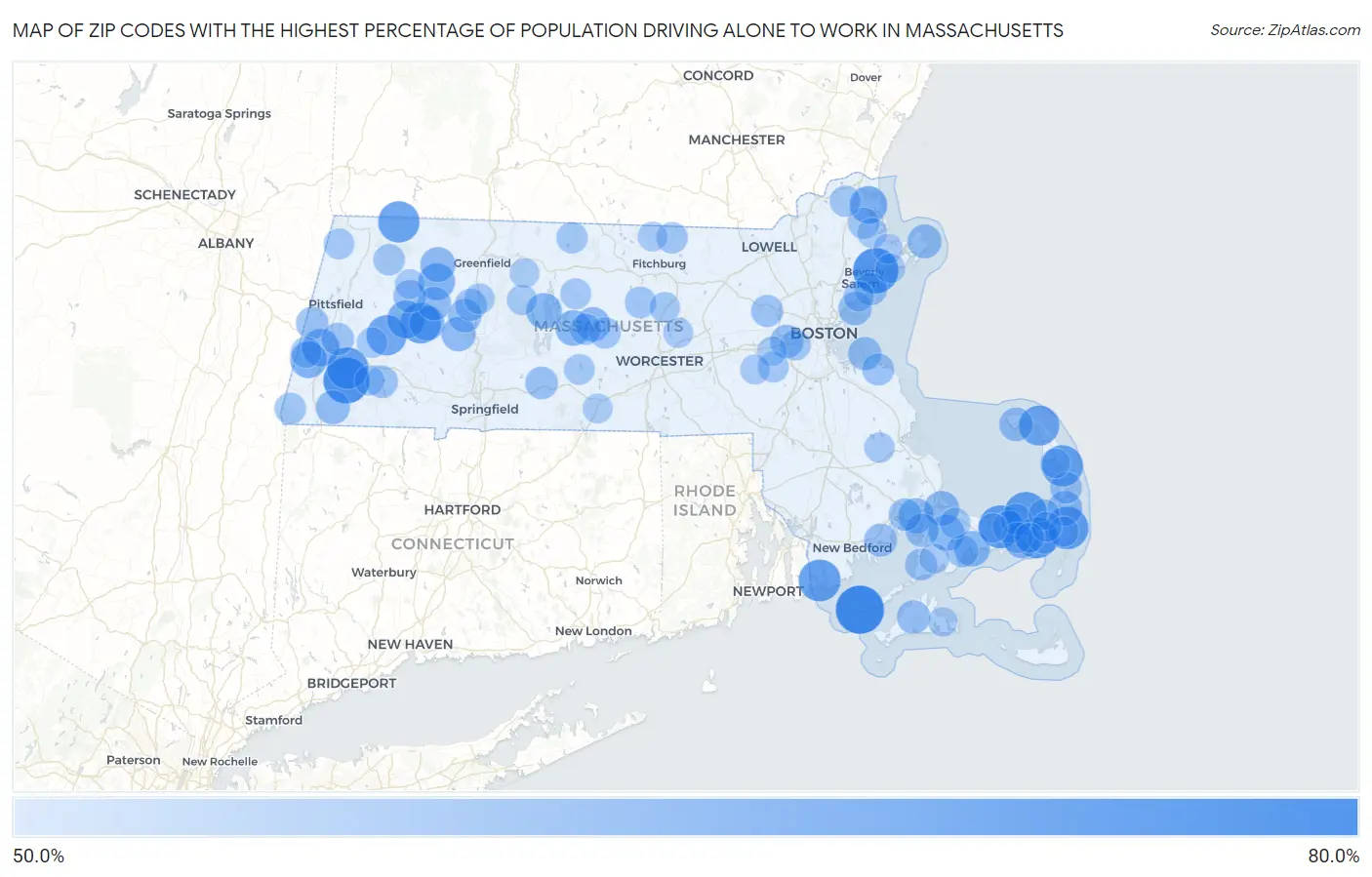 Zip Codes with the Highest Percentage of Population Driving Alone to Work in Massachusetts Map