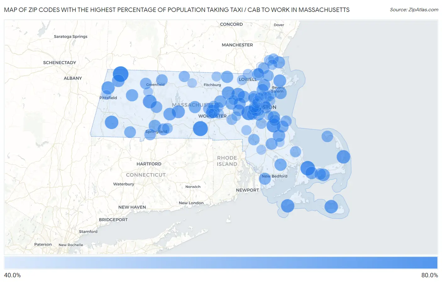 Zip Codes with the Highest Percentage of Population Taking Taxi / Cab to Work in Massachusetts Map