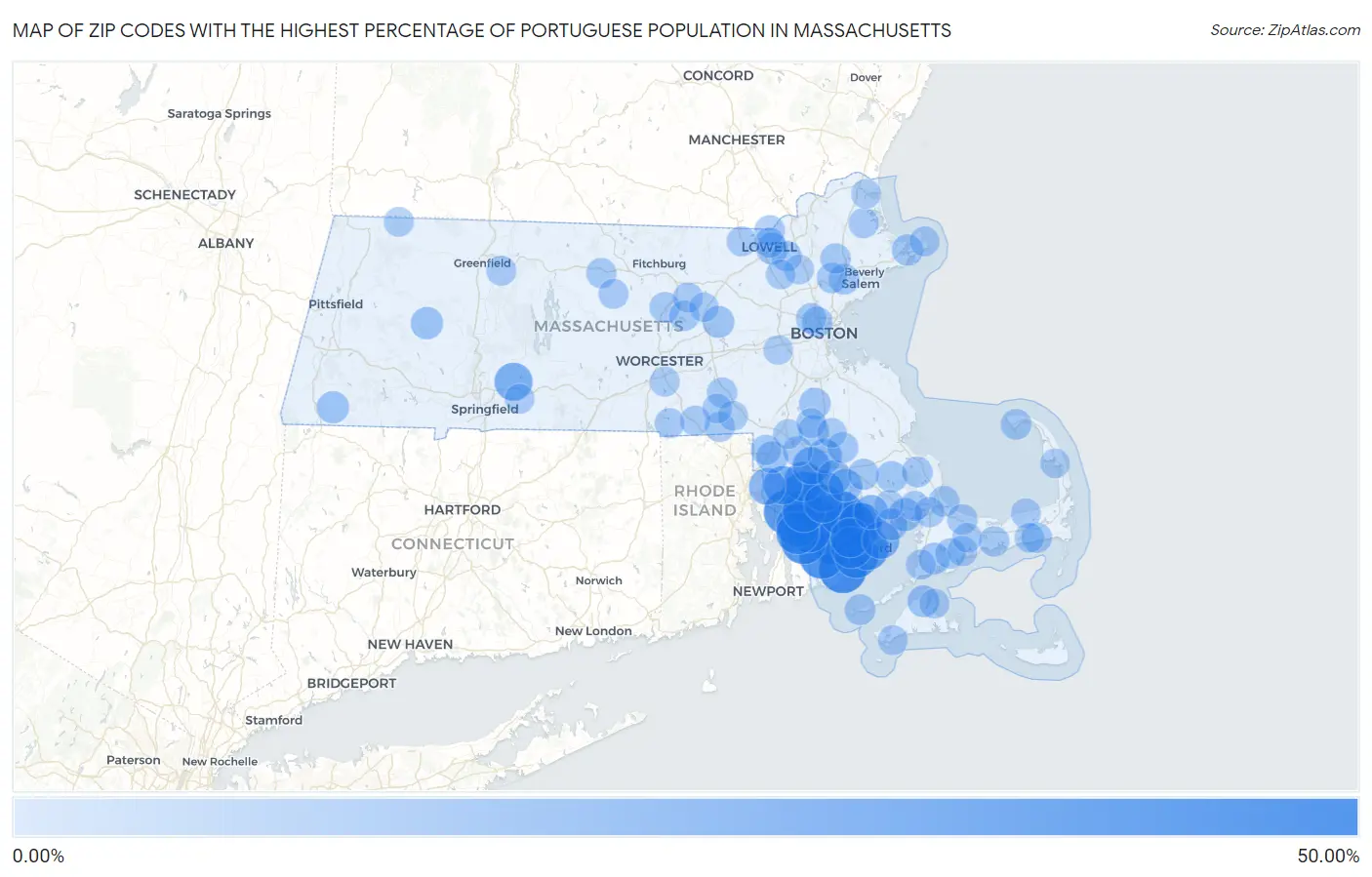 Zip Codes with the Highest Percentage of Portuguese Population in Massachusetts Map