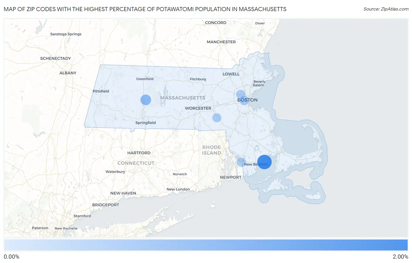 Zip Codes with the Highest Percentage of Potawatomi Population in Massachusetts Map
