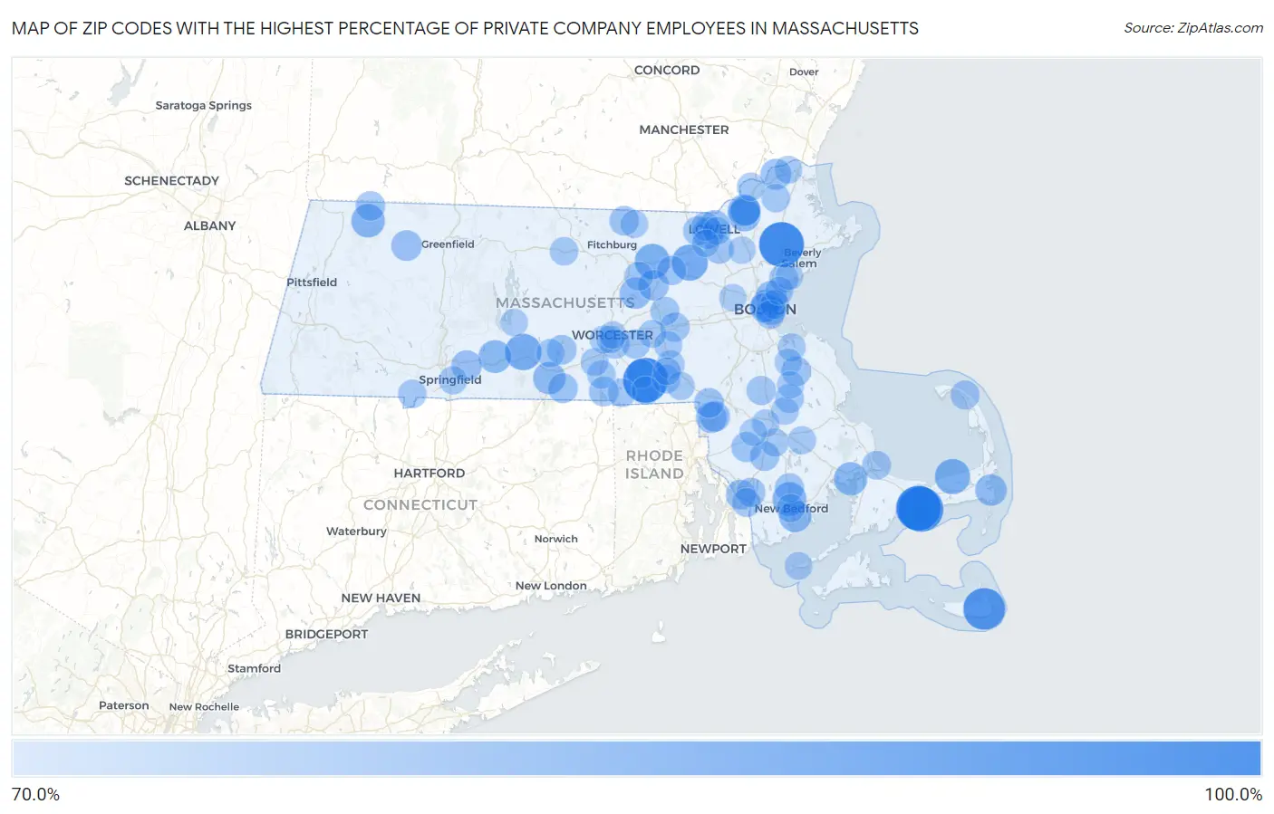 Zip Codes with the Highest Percentage of Private Company Employees in Massachusetts Map