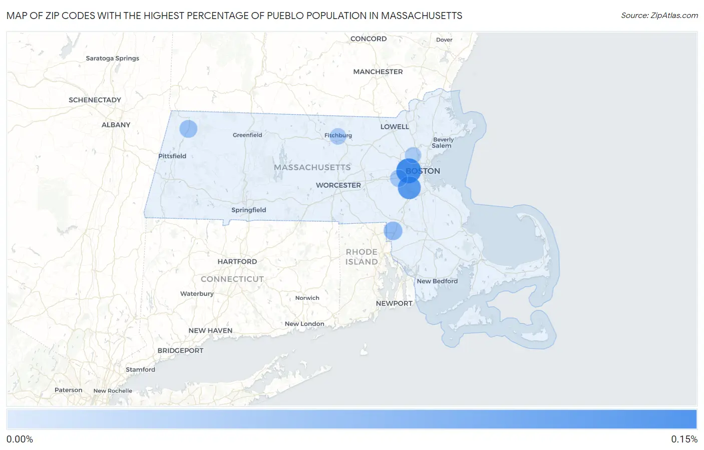 Zip Codes with the Highest Percentage of Pueblo Population in Massachusetts Map