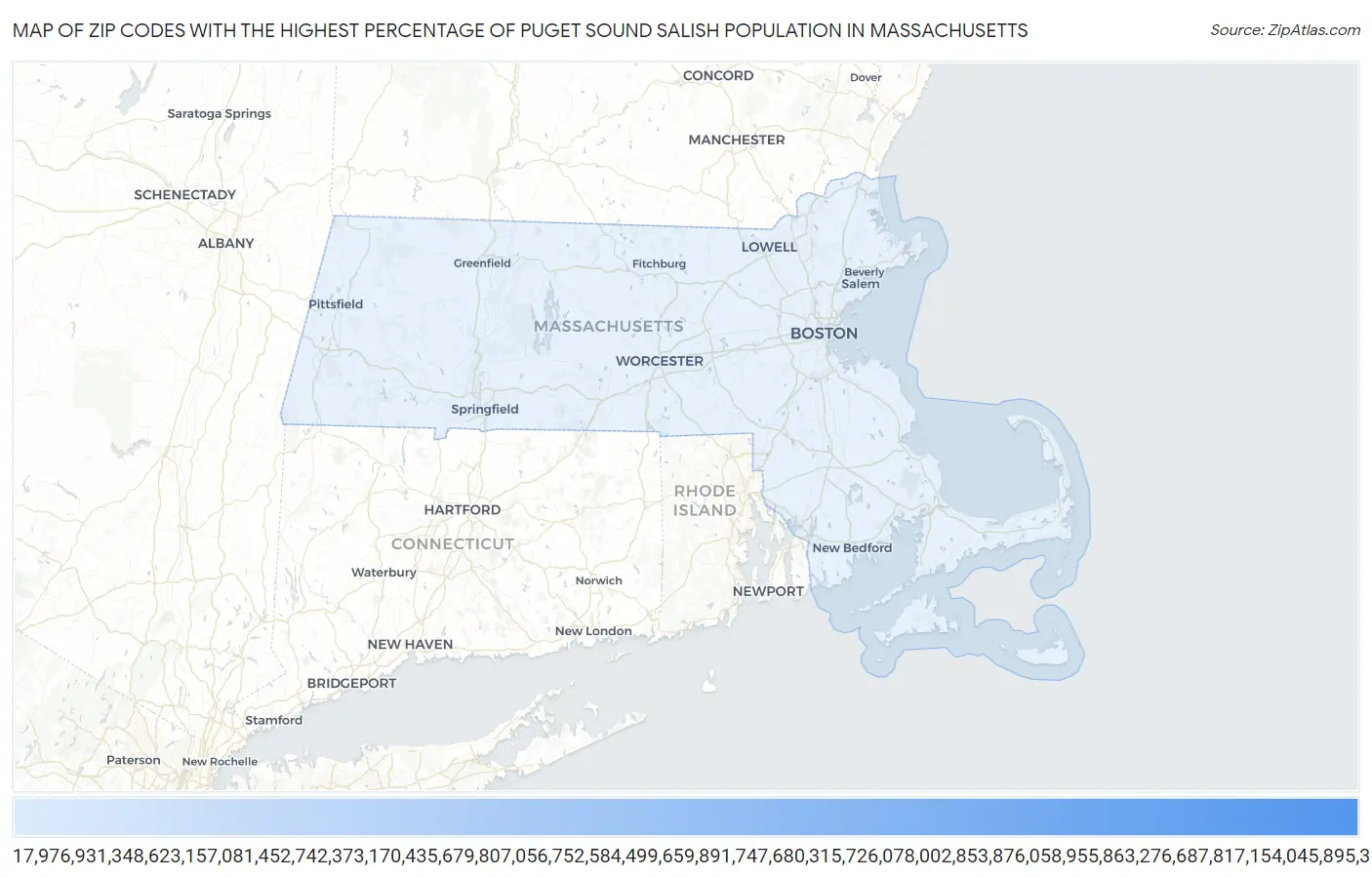Zip Codes with the Highest Percentage of Puget Sound Salish Population in Massachusetts Map