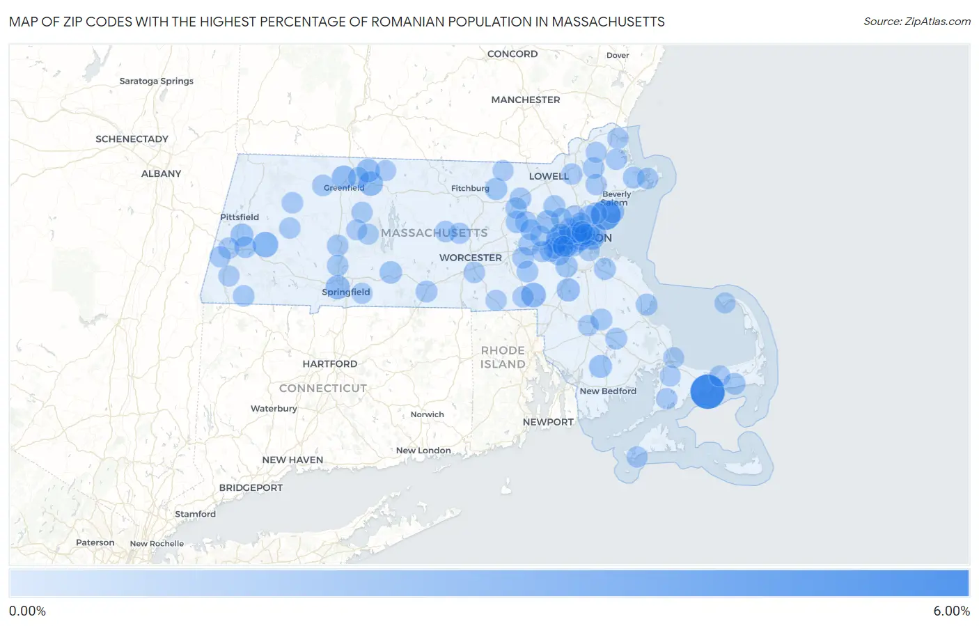 Zip Codes with the Highest Percentage of Romanian Population in Massachusetts Map
