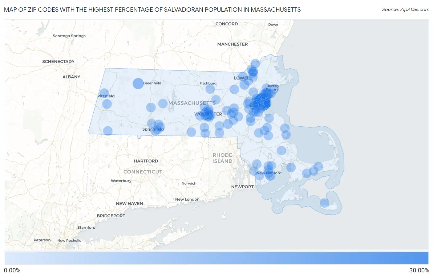 Zip Codes with the Highest Percentage of Salvadoran Population in Massachusetts Map