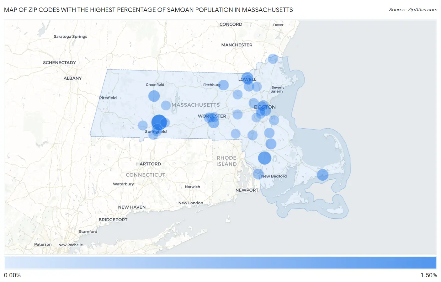 Zip Codes with the Highest Percentage of Samoan Population in Massachusetts Map