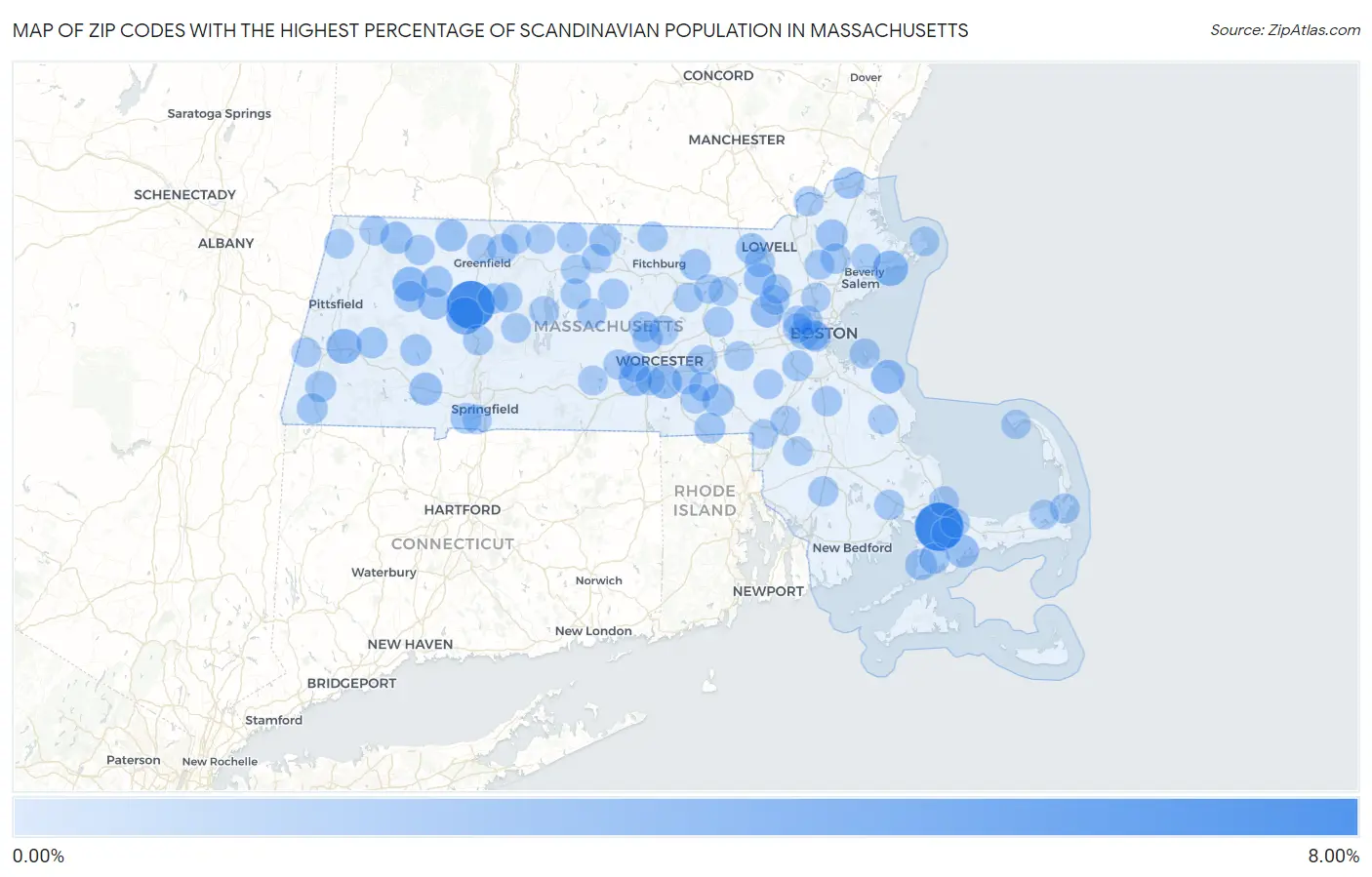 Zip Codes with the Highest Percentage of Scandinavian Population in Massachusetts Map