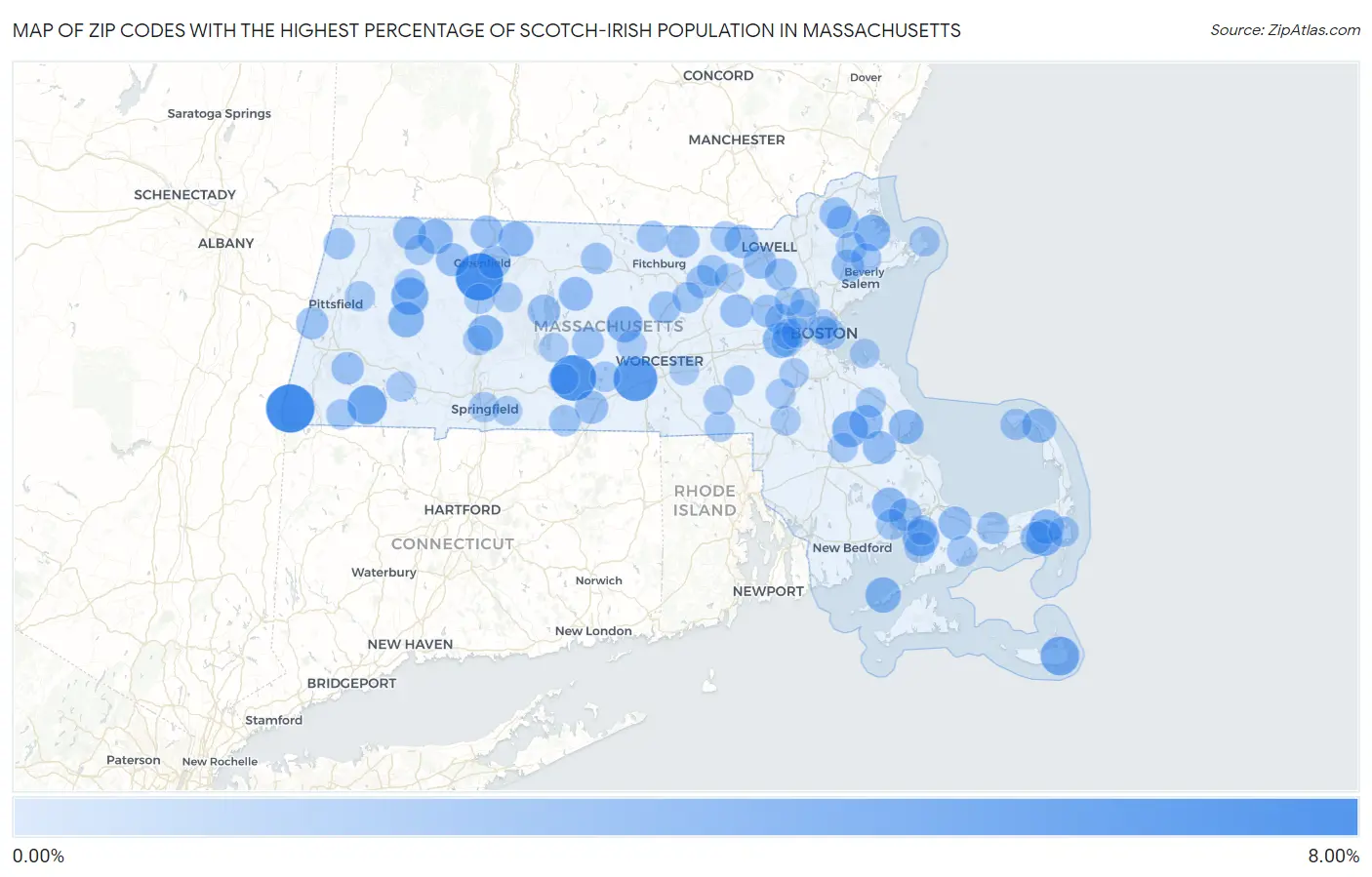 Zip Codes with the Highest Percentage of Scotch-Irish Population in Massachusetts Map