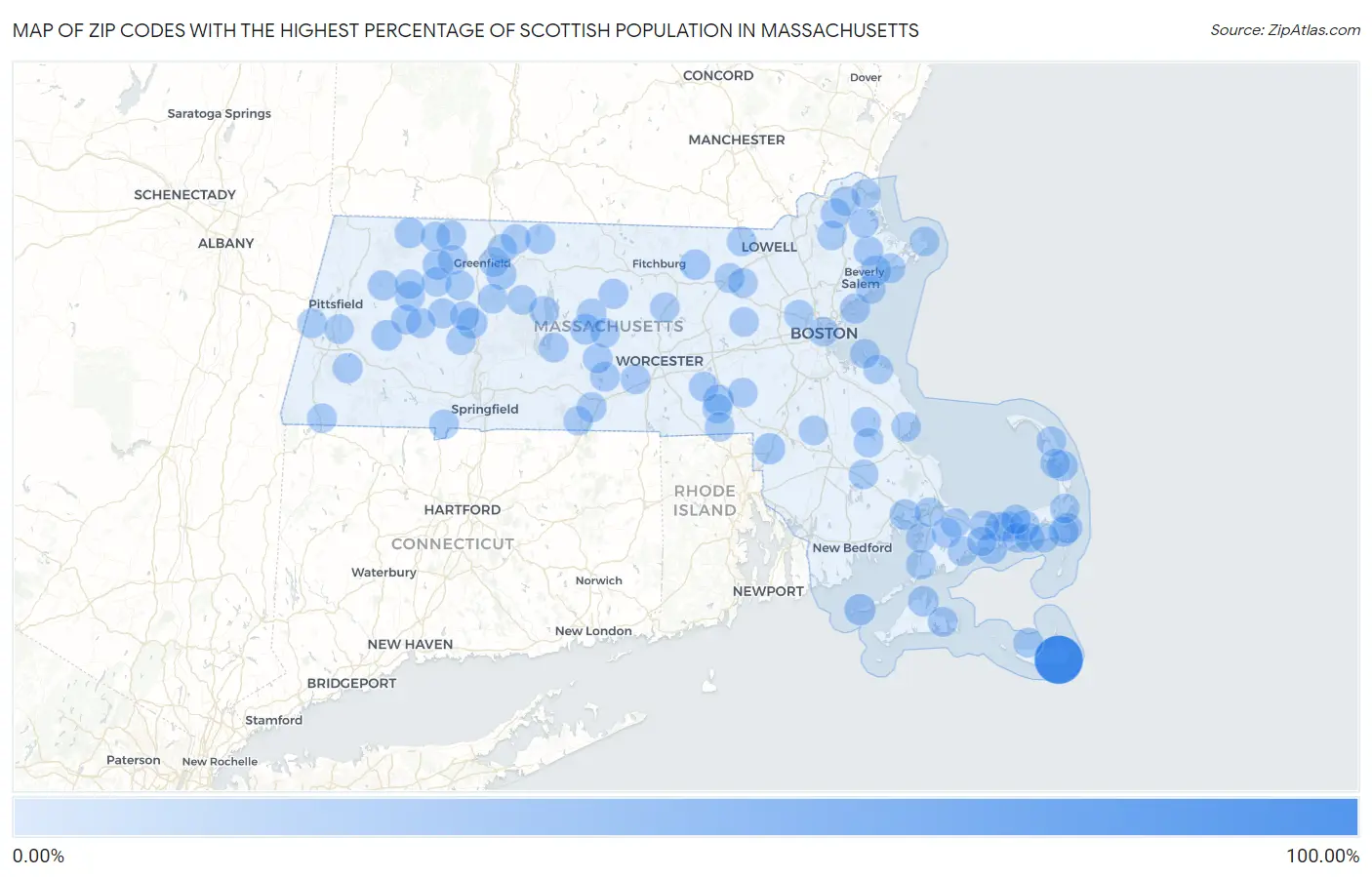 Zip Codes with the Highest Percentage of Scottish Population in Massachusetts Map