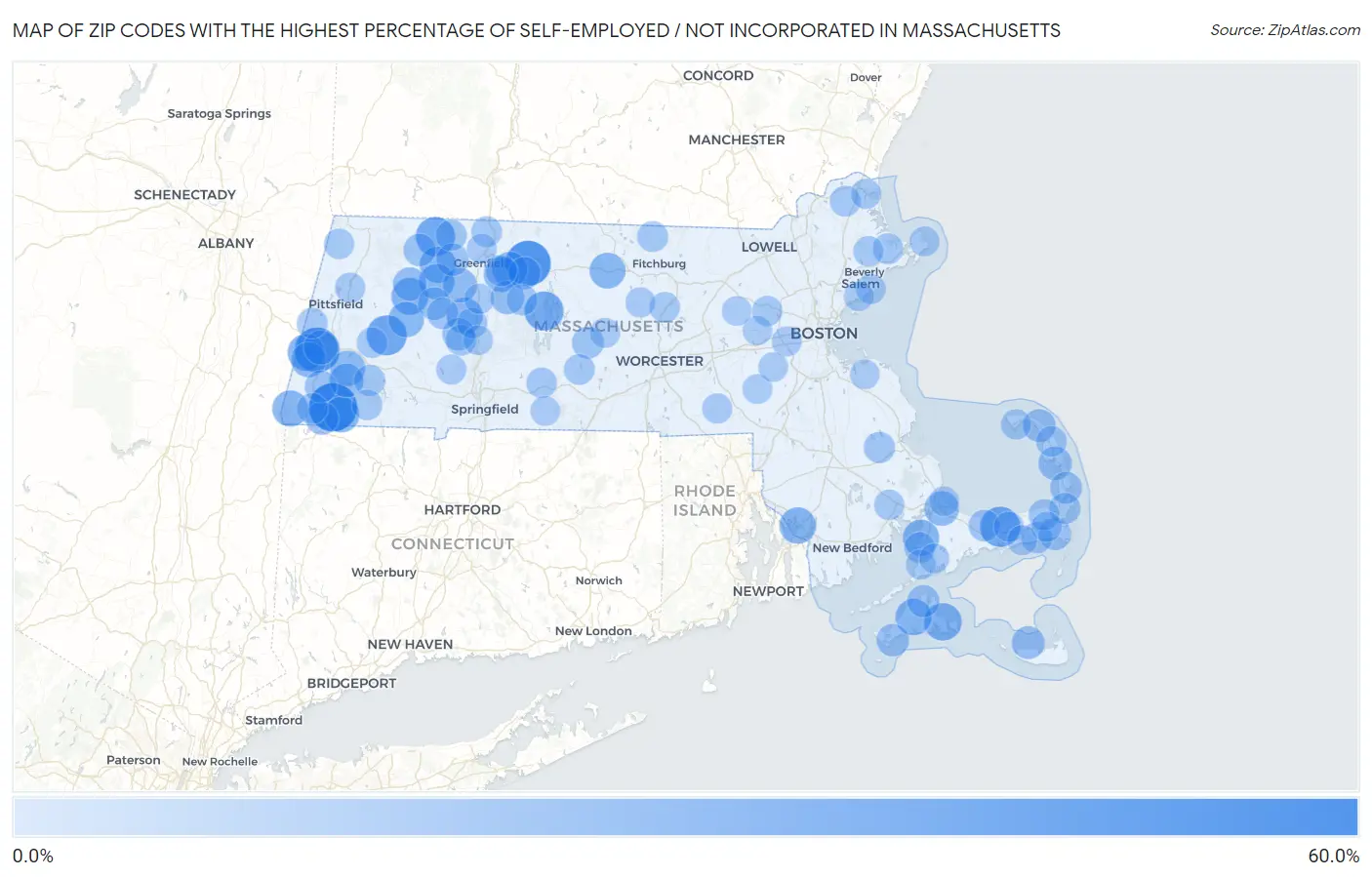 Zip Codes with the Highest Percentage of Self-Employed / Not Incorporated in Massachusetts Map