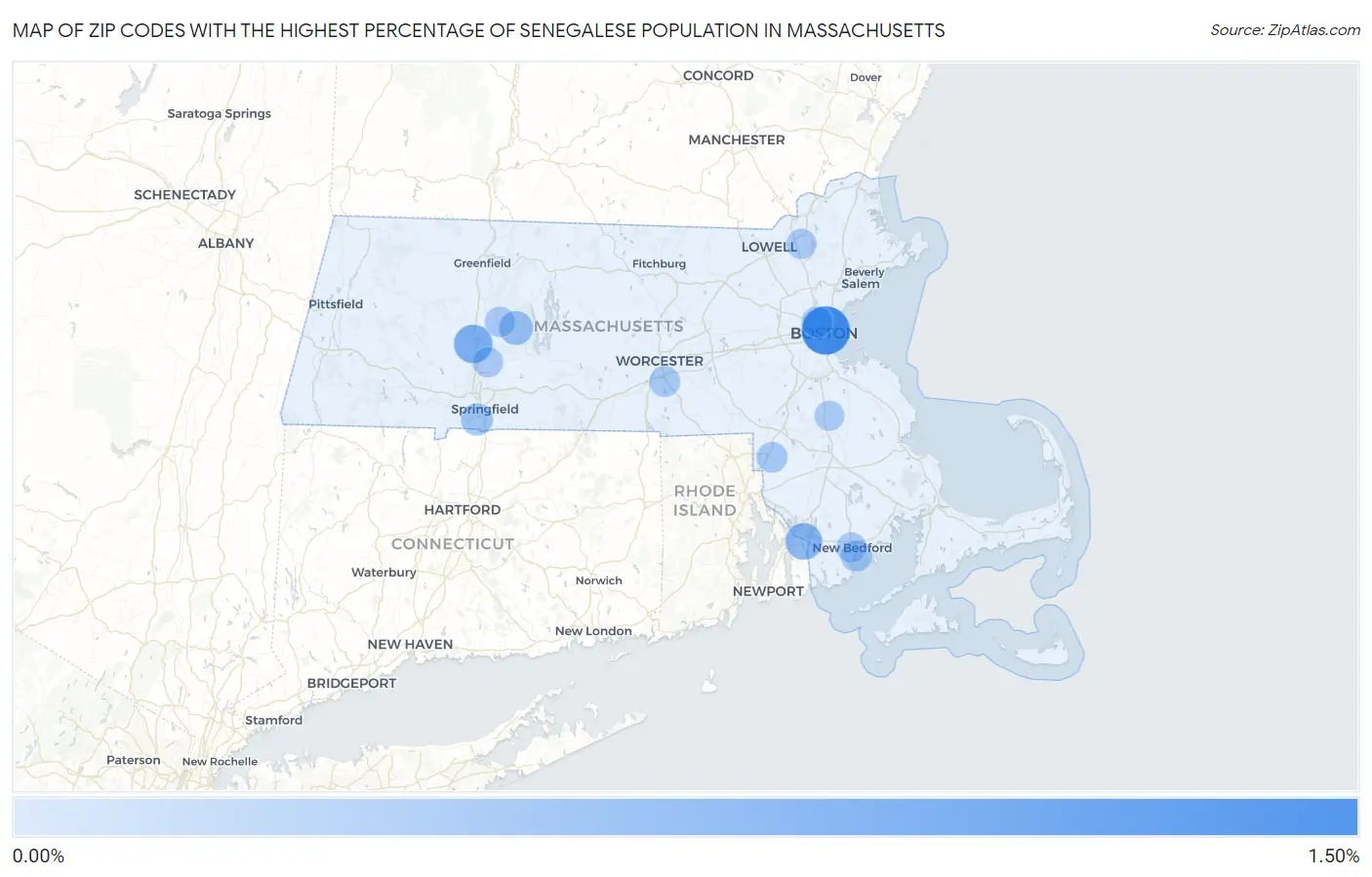 Zip Codes with the Highest Percentage of Senegalese Population in Massachusetts Map