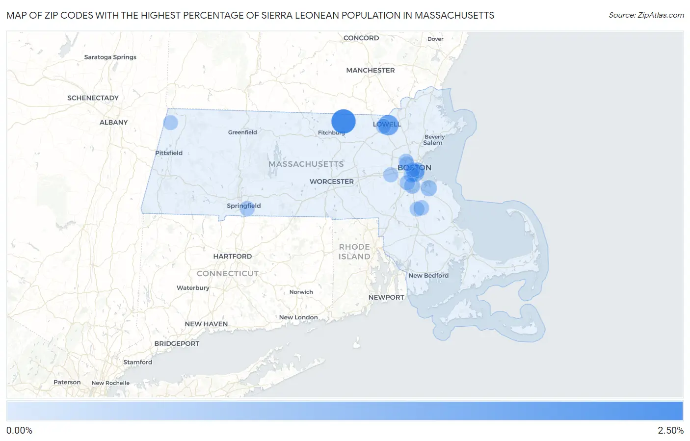 Zip Codes with the Highest Percentage of Sierra Leonean Population in Massachusetts Map
