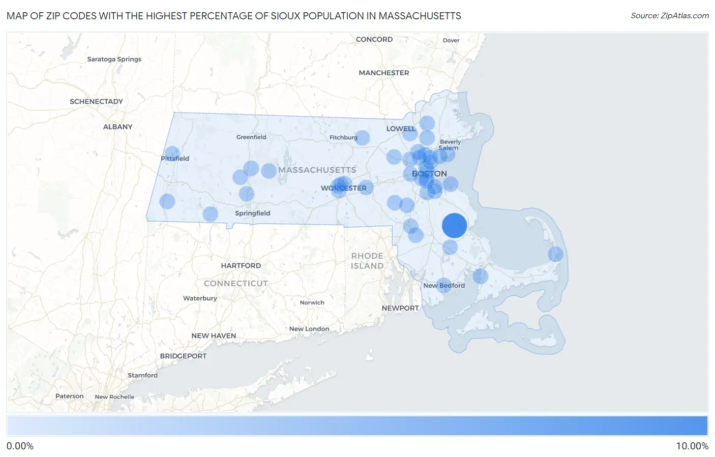 Zip Codes with the Highest Percentage of Sioux Population in Massachusetts Map