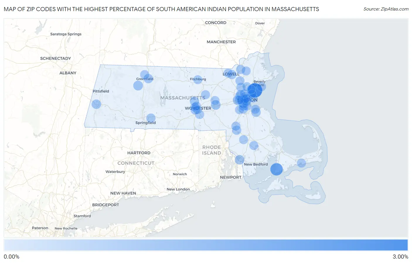 Zip Codes with the Highest Percentage of South American Indian Population in Massachusetts Map