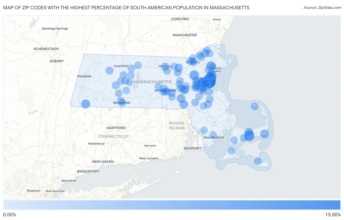 Zip Codes with the Highest Percentage of South American Population in Massachusetts Map