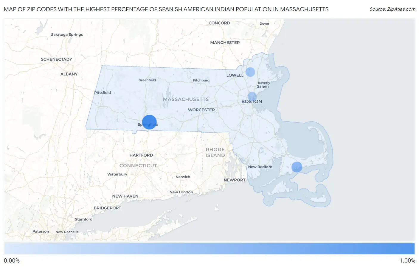 Zip Codes with the Highest Percentage of Spanish American Indian Population in Massachusetts Map