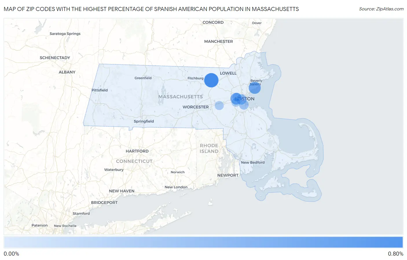 Zip Codes with the Highest Percentage of Spanish American Population in Massachusetts Map