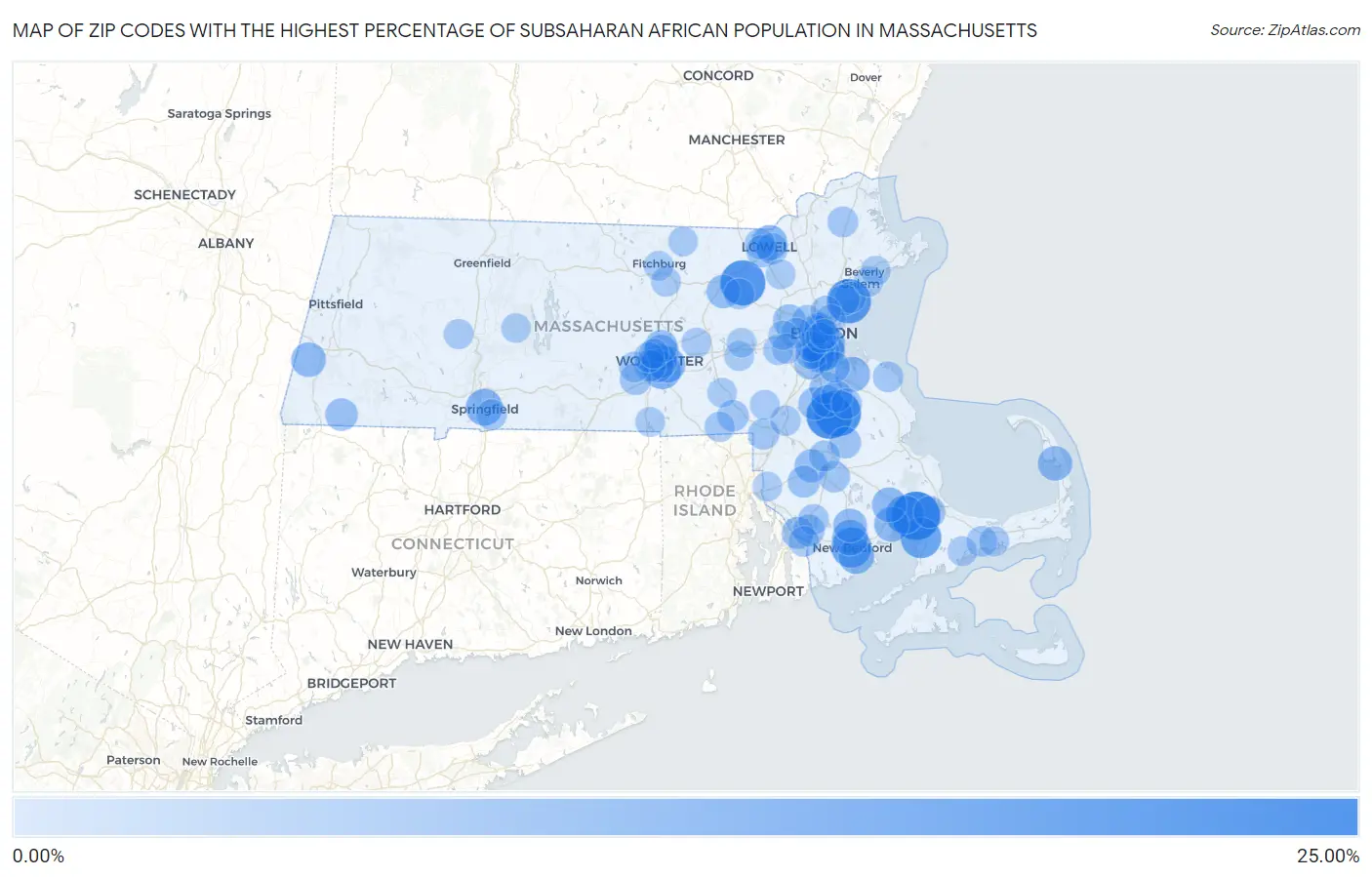 Zip Codes with the Highest Percentage of Subsaharan African Population in Massachusetts Map