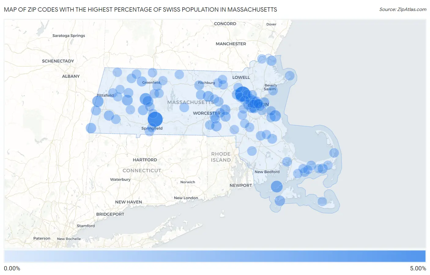 Zip Codes with the Highest Percentage of Swiss Population in Massachusetts Map