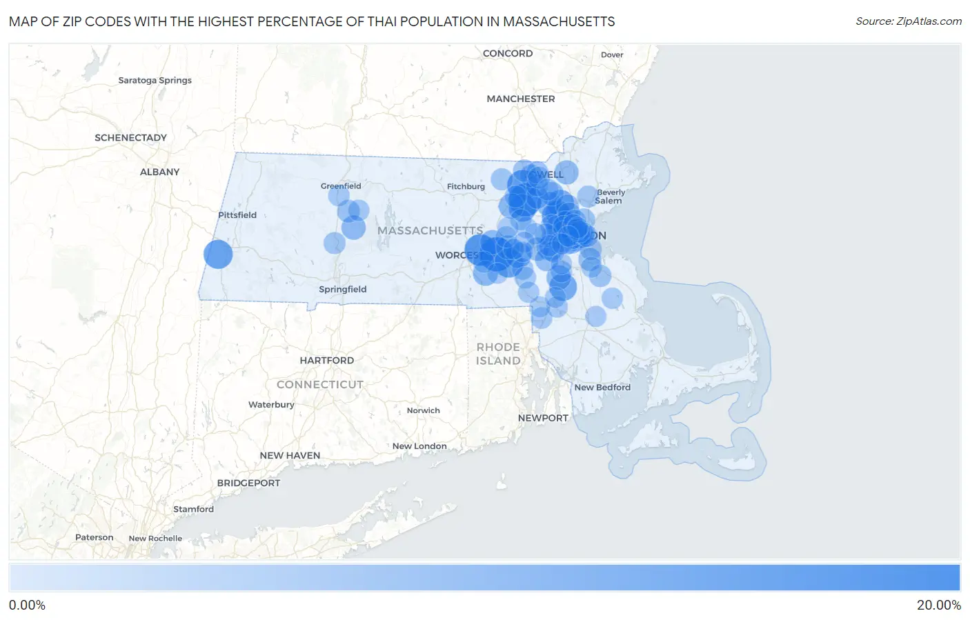 Zip Codes with the Highest Percentage of Thai Population in Massachusetts Map