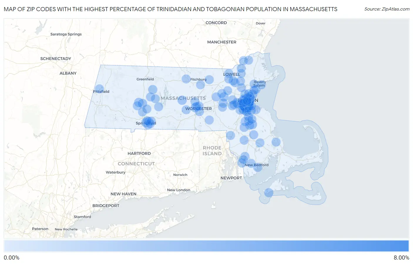 Zip Codes with the Highest Percentage of Trinidadian and Tobagonian Population in Massachusetts Map