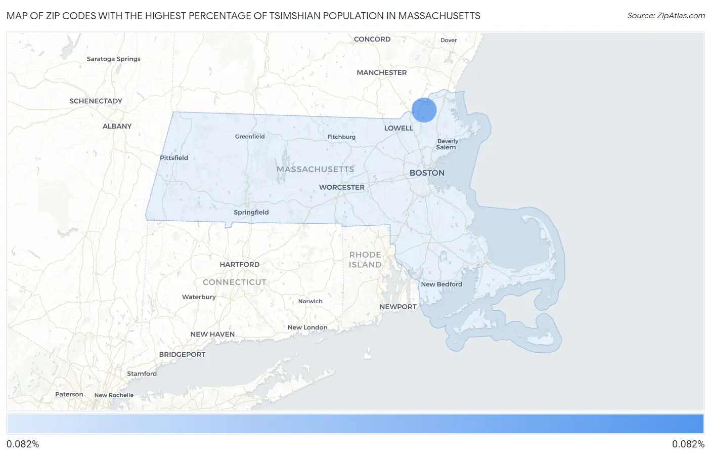 Zip Codes with the Highest Percentage of Tsimshian Population in Massachusetts Map