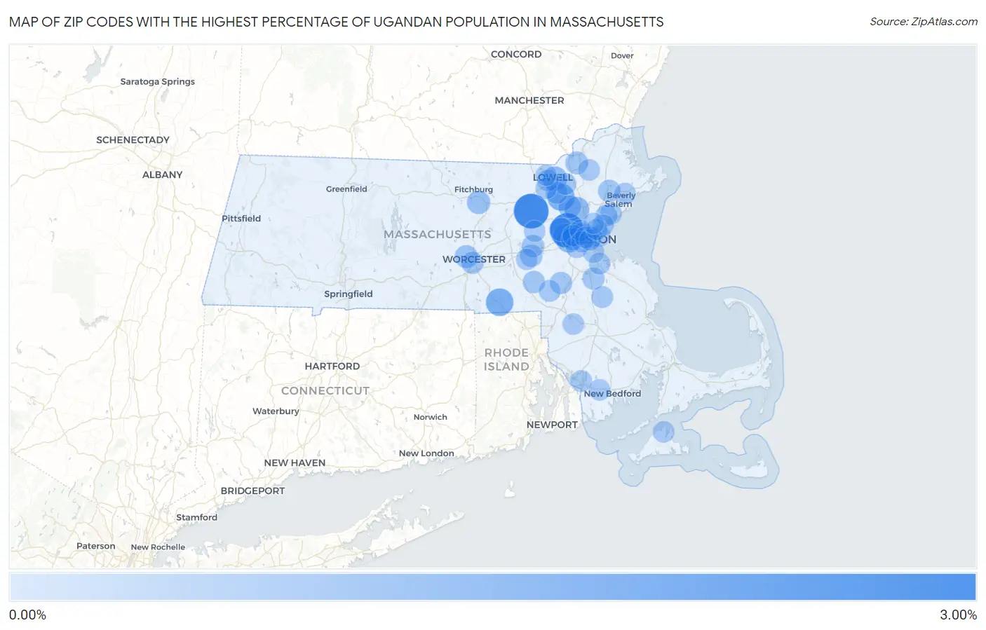 Zip Codes with the Highest Percentage of Ugandan Population in Massachusetts Map