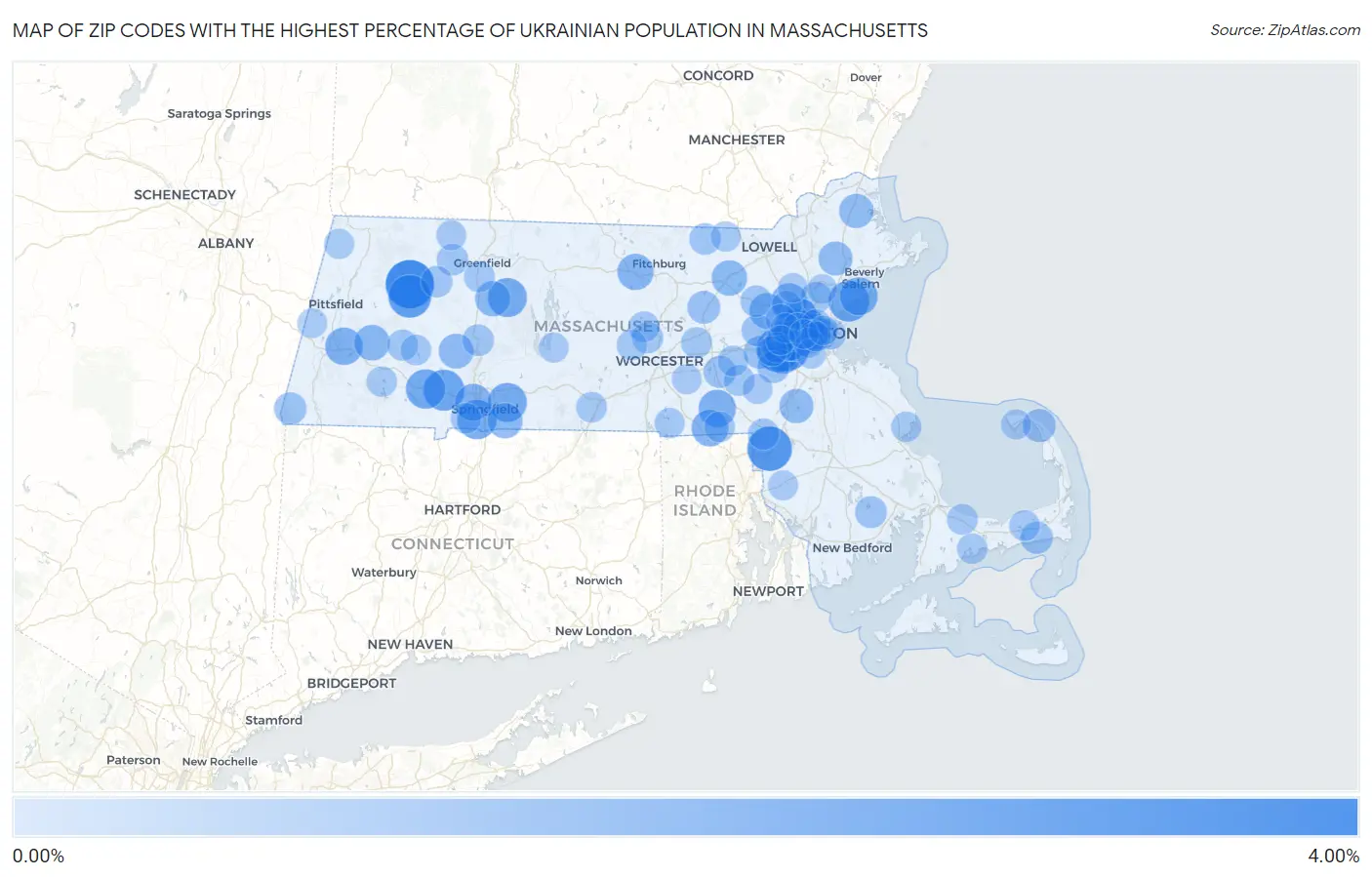 Zip Codes with the Highest Percentage of Ukrainian Population in Massachusetts Map