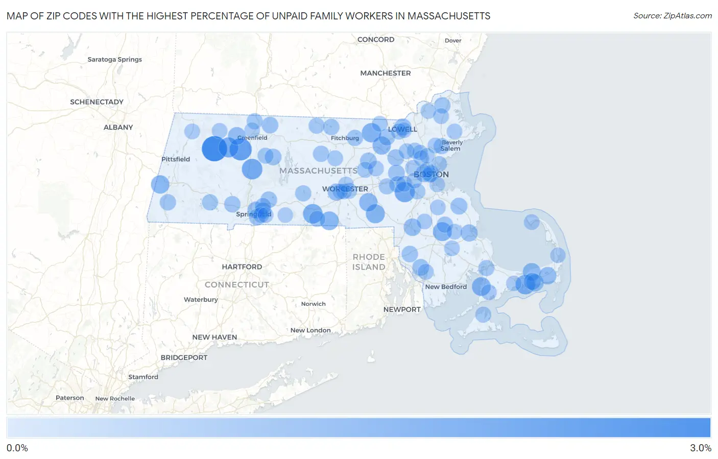 Zip Codes with the Highest Percentage of Unpaid Family Workers in Massachusetts Map