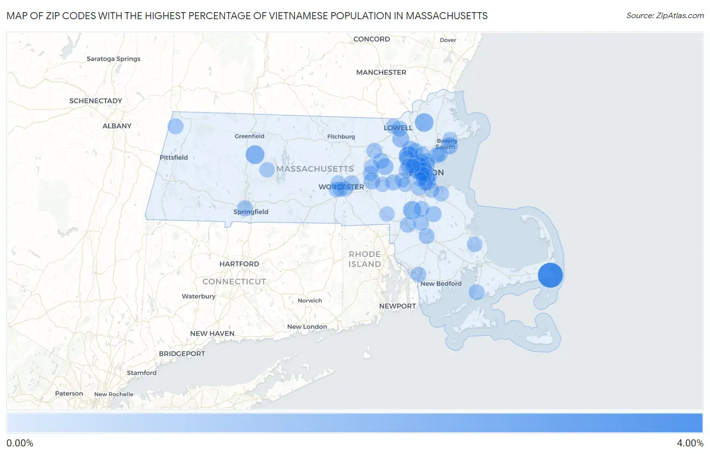 Zip Codes with the Highest Percentage of Vietnamese Population in Massachusetts Map
