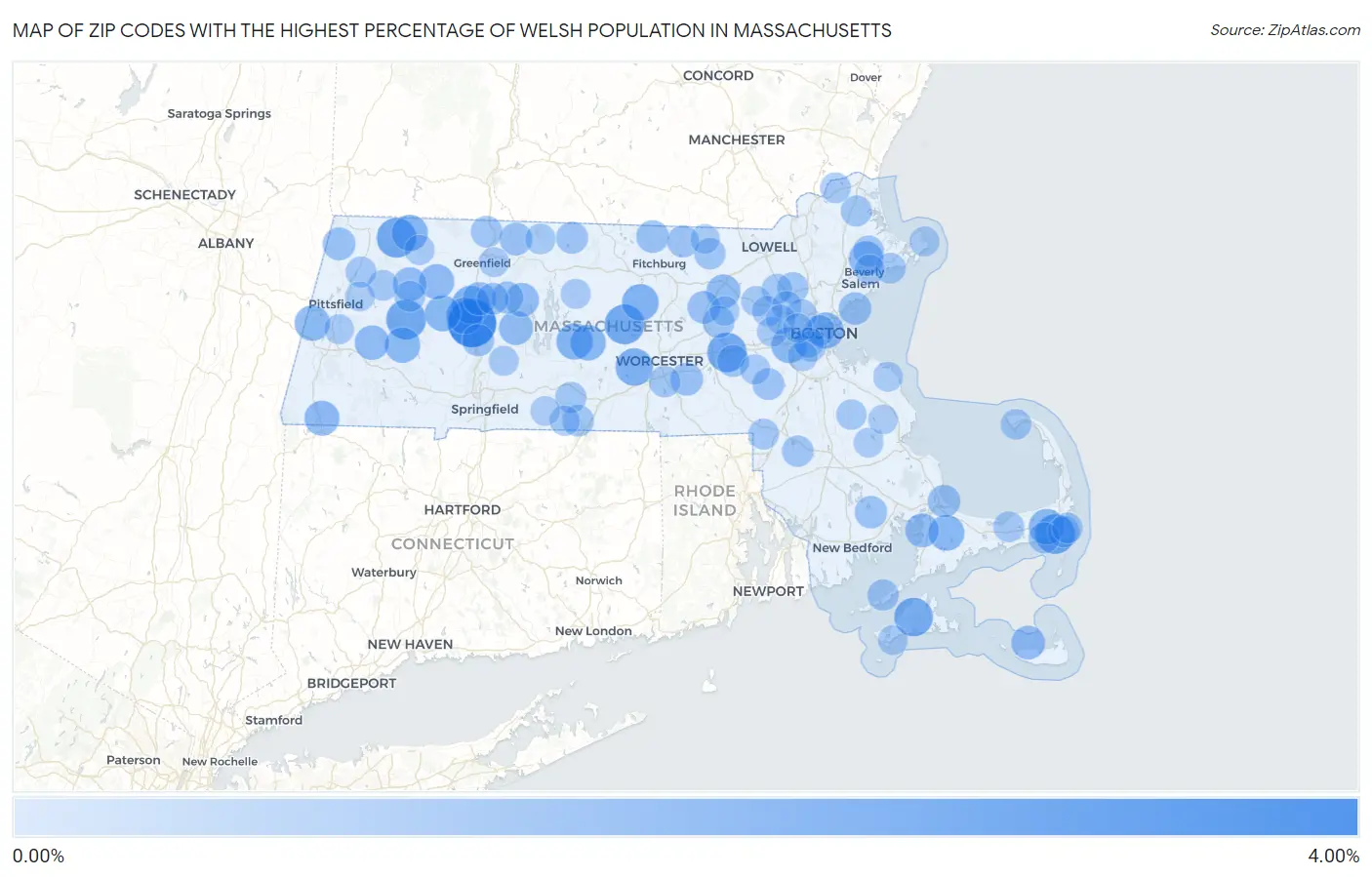 Zip Codes with the Highest Percentage of Welsh Population in Massachusetts Map