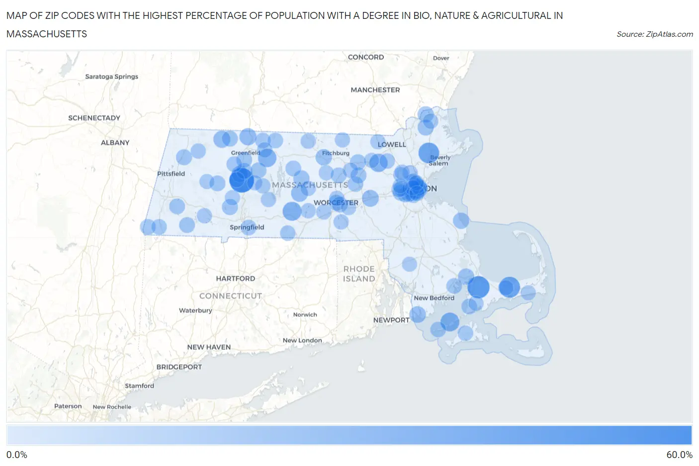 Zip Codes with the Highest Percentage of Population with a Degree in Bio, Nature & Agricultural in Massachusetts Map
