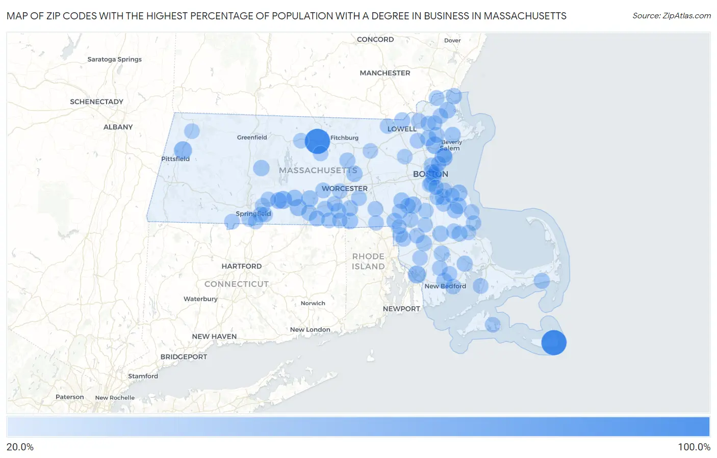 Zip Codes with the Highest Percentage of Population with a Degree in Business in Massachusetts Map